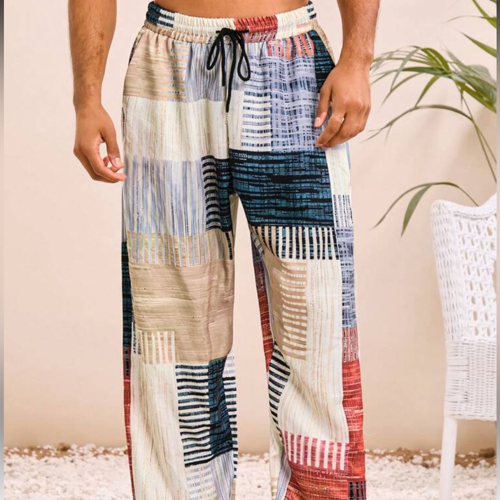 Unisex Boho printed Patchwork Wide-Leg Drawstring Pants - Picture 3 of 5